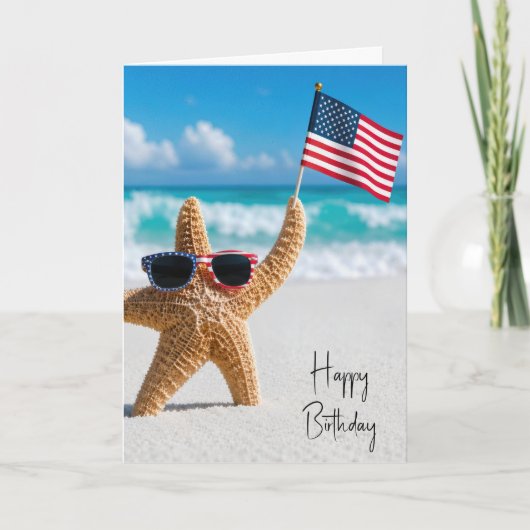 アメリカ国旗を振るヒトデの誕生日 カード (正面)