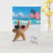 アメリカ国旗を振るヒトデの誕生日 カード (黄色い花)