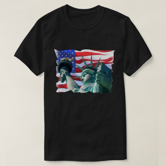 アメリカ国旗を振る愛国的自由の女神 Tシャツ (デザイン正面)
