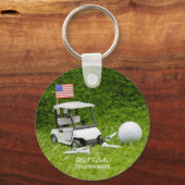 アメリカ国旗を掲げたゴルフカートとボール キーホルダー (正面)