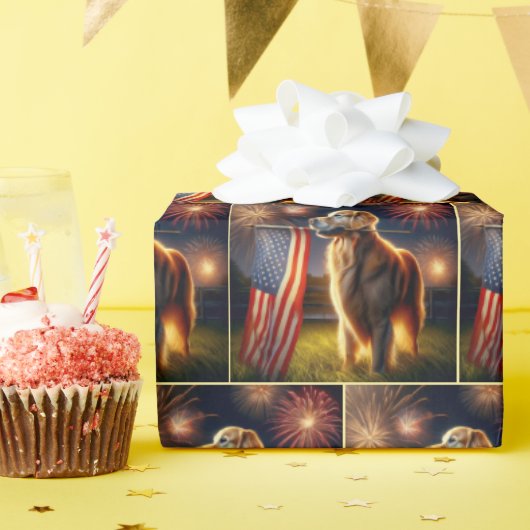 アメリカ国旗を掲げたゴールデンレトリバー ラッピングペーパー (誕生日パーティー)
