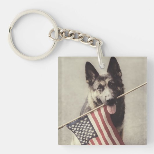 アメリカ国旗を掲げたドイツの羊飼い キーホルダー (正面)
