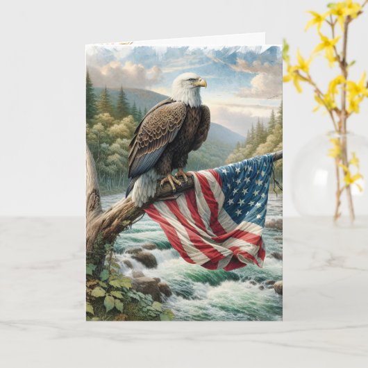 アメリカ国旗を掲げたハゲのワシ カード (黄色い花)
