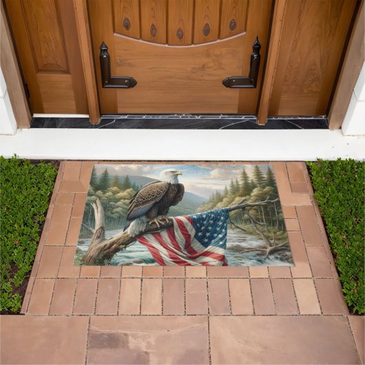 アメリカ国旗を掲げたハゲのワシ ドアマット (室外)