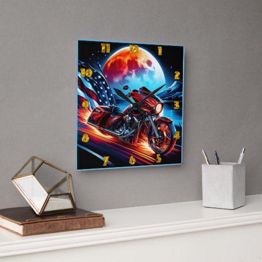 アメリカ国旗を掲げたムーンライトクルーズ スクエア壁時計 (オフィス)