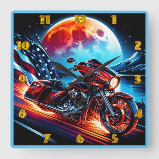 アメリカ国旗を掲げたムーンライトクルーズ スクエア壁時計 (正面)