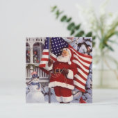 アメリカ国旗を掲げた愛国的なクリスマスサンタホールディングス シーズンカード (スタンド正面)