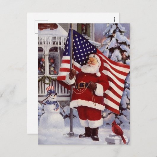 アメリカ国旗を掲げた愛国的なクリスマスサンタホールディングス シーズンポストカード (正面/裏面)