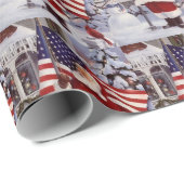 アメリカ国旗を掲げた愛国的なクリスマスサンタホールディングス ラッピングペーパー (ロールコーナー)