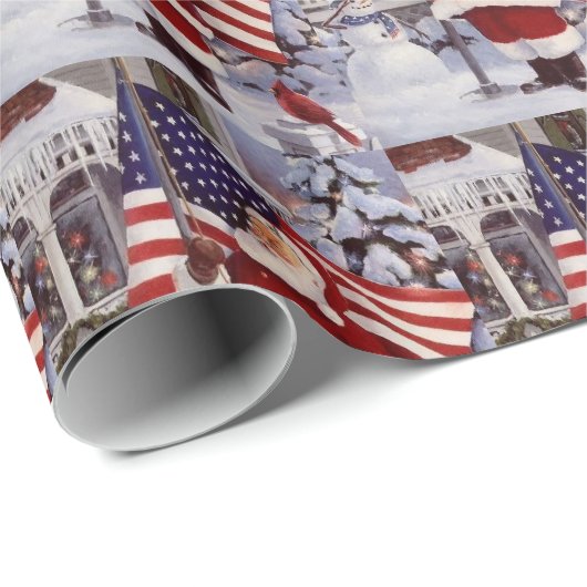 アメリカ国旗を掲げた愛国的なクリスマスサンタホールディングス ラッピングペーパー (ロールコーナー)