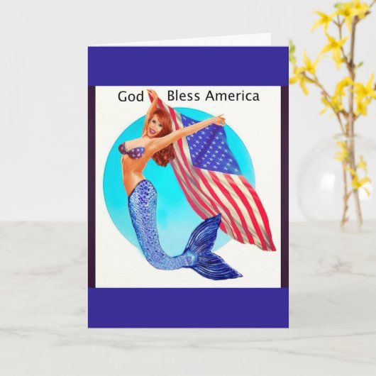 アメリカ国旗を掲げた愛国的な人魚 カード (黄色い花)