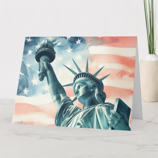 アメリカ国旗を掲げた自由の女神 サンキューカード (正面)