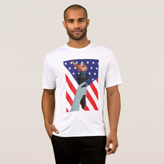 アメリカ国旗を掲げた自由の聖火の像 Tシャツ (正面フル)