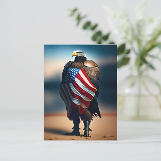 アメリカ国旗を掲げた鎧を着ているハゲのワシ ポストカード (スタンド正面)