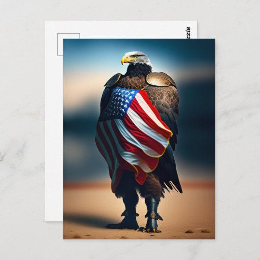 アメリカ国旗を掲げた鎧を着ているハゲのワシ ポストカード (正面/裏面)