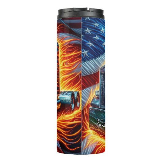 アメリカ国旗を掲げて燃え盛るセミトラック タンブラー (裏面)