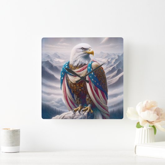 アメリカ国旗を着た涙のある禿鷲 スクエア壁時計 (ホーム)