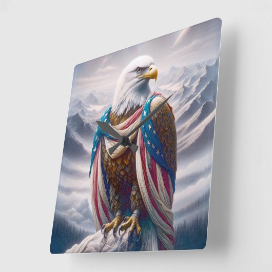 アメリカ国旗を着た涙のある禿鷲 スクエア壁時計 (傾斜)