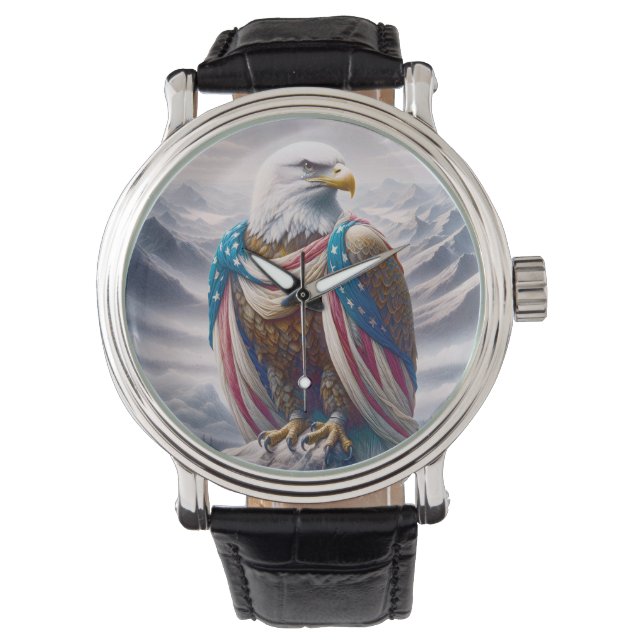 アメリカ国旗を着た涙のある禿鷲 腕時計 (正面)