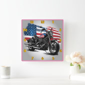 アメリカ国旗を背景にしたオートバイ スクエア壁時計 (ホーム)