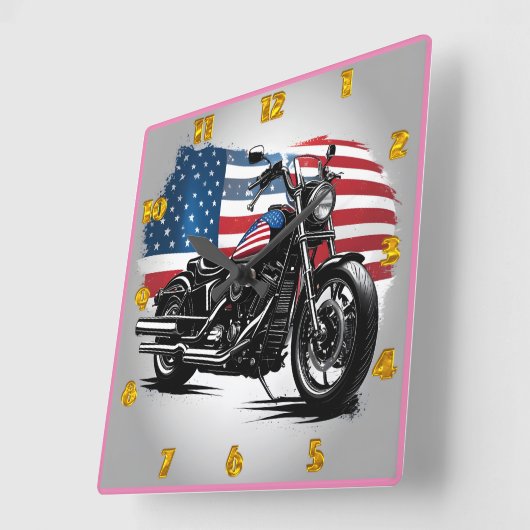 アメリカ国旗を背景にしたオートバイ スクエア壁時計 (傾斜)