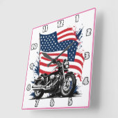 アメリカ国旗を背景にしたヴィンテージバイク スクエア壁時計 (傾斜)