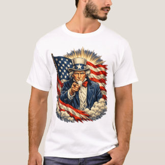 アメリカ国旗を背景に指差すサムおじさん – ビンテージ風デザイン Tシャツ