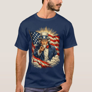 アメリカ国旗を背景に指差すサムおじさん – ビンテージ風デザイン Tシャツ