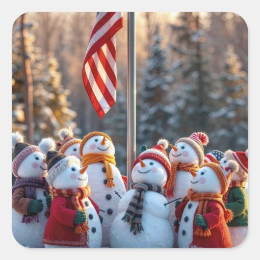 アメリカ国旗を見上げる休日の雪だるま スクエアシール (正面)