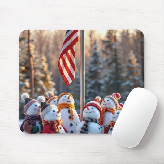 アメリカ国旗を見上げる雪だるま マウスパッド (マウス)