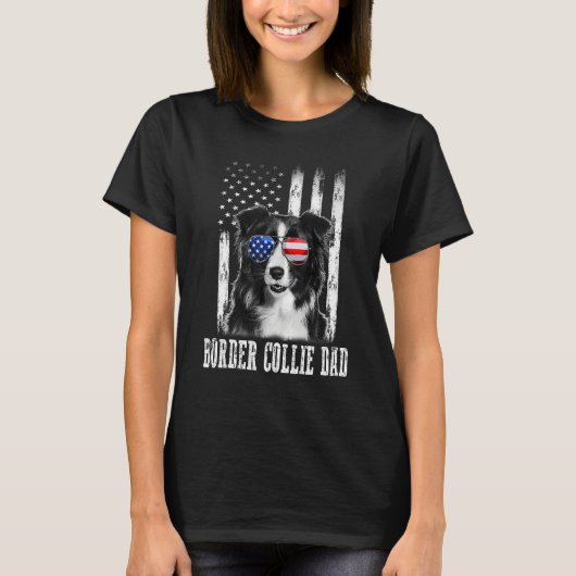 アメリカ国旗を誇りに思うボーダーコリー 愛犬家パパ ママ Tシャツ (正面)