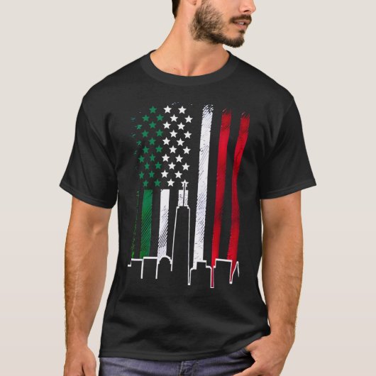 アメリカ国旗イタリアンの色NYCスカイライン Tシャツ (正面)