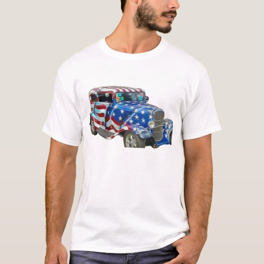 アメリカ国旗クラシックの車 Tシャツ (正面)