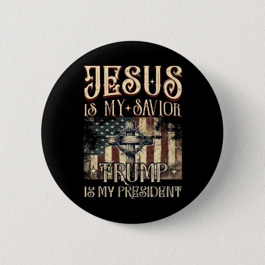 アメリカ国旗クロスイエスは私の救い主トランプは私の 缶バッジ (正面)