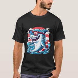 アメリカ国旗サングラスをかけたクールなサメのデザイン アメリカンシャーク オーシャン Tシャツ
