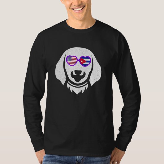 アメリカ国旗サングラスキューバ系アメリカ人犬のオーナー Tシャツ (正面)