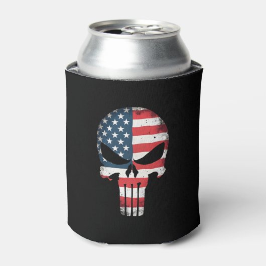 アメリカ国旗ドクロ 女性 男性向け 7月4日Tシャツ 缶クーラー (缶正面)