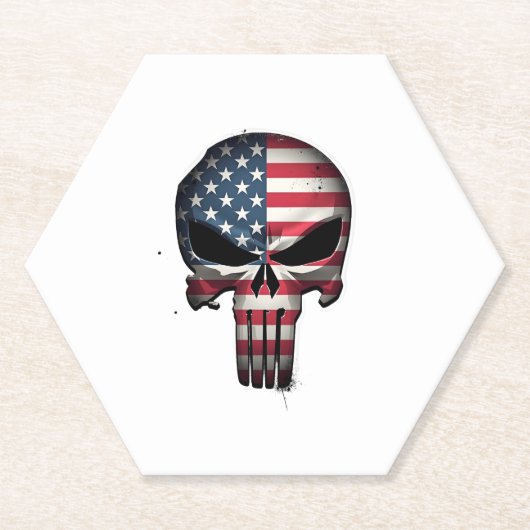 アメリカ国旗ドクロ 女性 男性用 7月4日Tシャツ ペーパーコースター (正面)