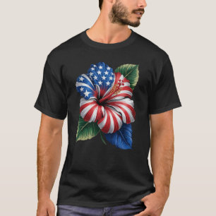 アメリカ国旗ハイビスカス花愛国的フローラ4日 Tシャツ