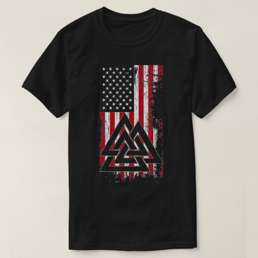 アメリカ国旗バイキングヴァルクナットノルディックルーネケルトAm Tシャツ (デザイン正面)