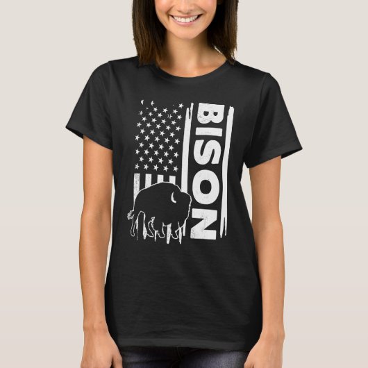 アメリカ国旗バイソン狩猟グラフィックデザイン Tシャツ (正面)