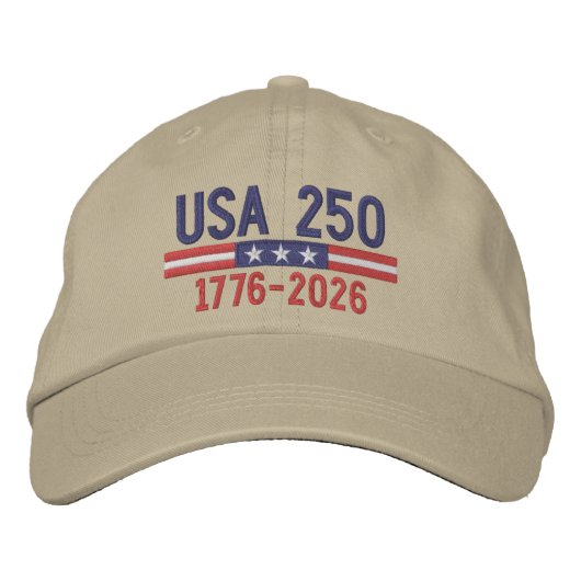 アメリカ国旗バー付きUSA 250 - 赤白青 刺繍入りキャップ (正面)
