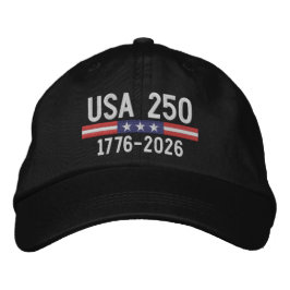 アメリカ国旗バー付きUSA 250 - 赤白青 刺繍入りキャップ