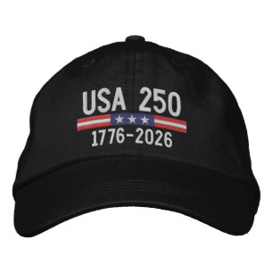 アメリカ国旗バー付きUSA 250 - 赤白青 刺繍入りキャップ