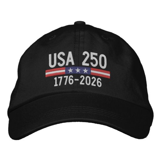 アメリカ国旗バー付きUSA 250 - 赤白青 刺繍入りキャップ (正面)