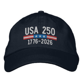 アメリカ国旗バー付きUSA 250 - 赤白青 刺繍入りキャップ