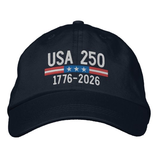 アメリカ国旗バー付きUSA 250 - 赤白青 刺繍入りキャップ (正面)