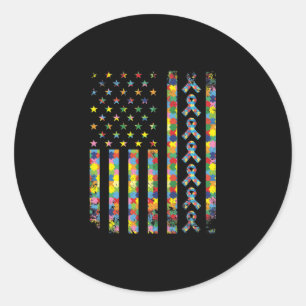 アメリカ国旗パズルピースカッコいいリボン自閉症アワル ラウンドシール