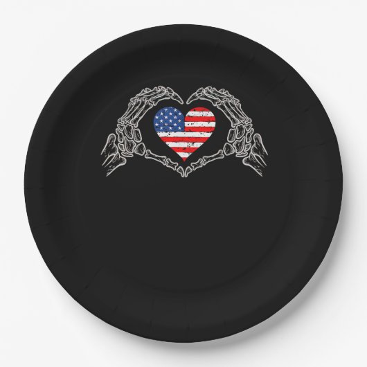 アメリカ国旗パトリオティックなスケルトンの手のハート 4th Of July ペーパープレート (正面)