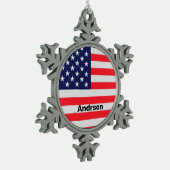 アメリカ国旗パーソナライズされた愛国星ストライプたち スノーフレークピューターオーナメント (左)